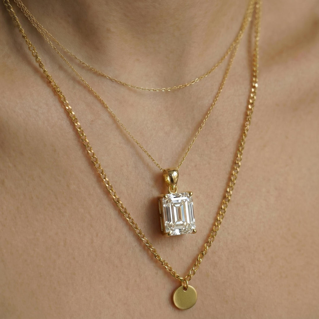 Radiant Emerald Cut Diamond Necklace | 14K Gold Dainty Pendant | Minimalist Diamond Simulant | Anniversary Gift For Her