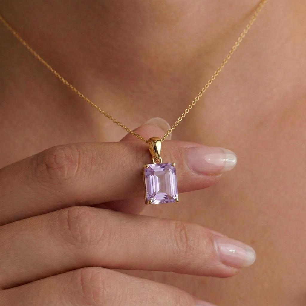 Elegant Amethyst Rectangle Pendant Necklace | Gold Plated Delicate Chain | February Birthstone Gift for Her | Minimalist Gemstone Jewelry