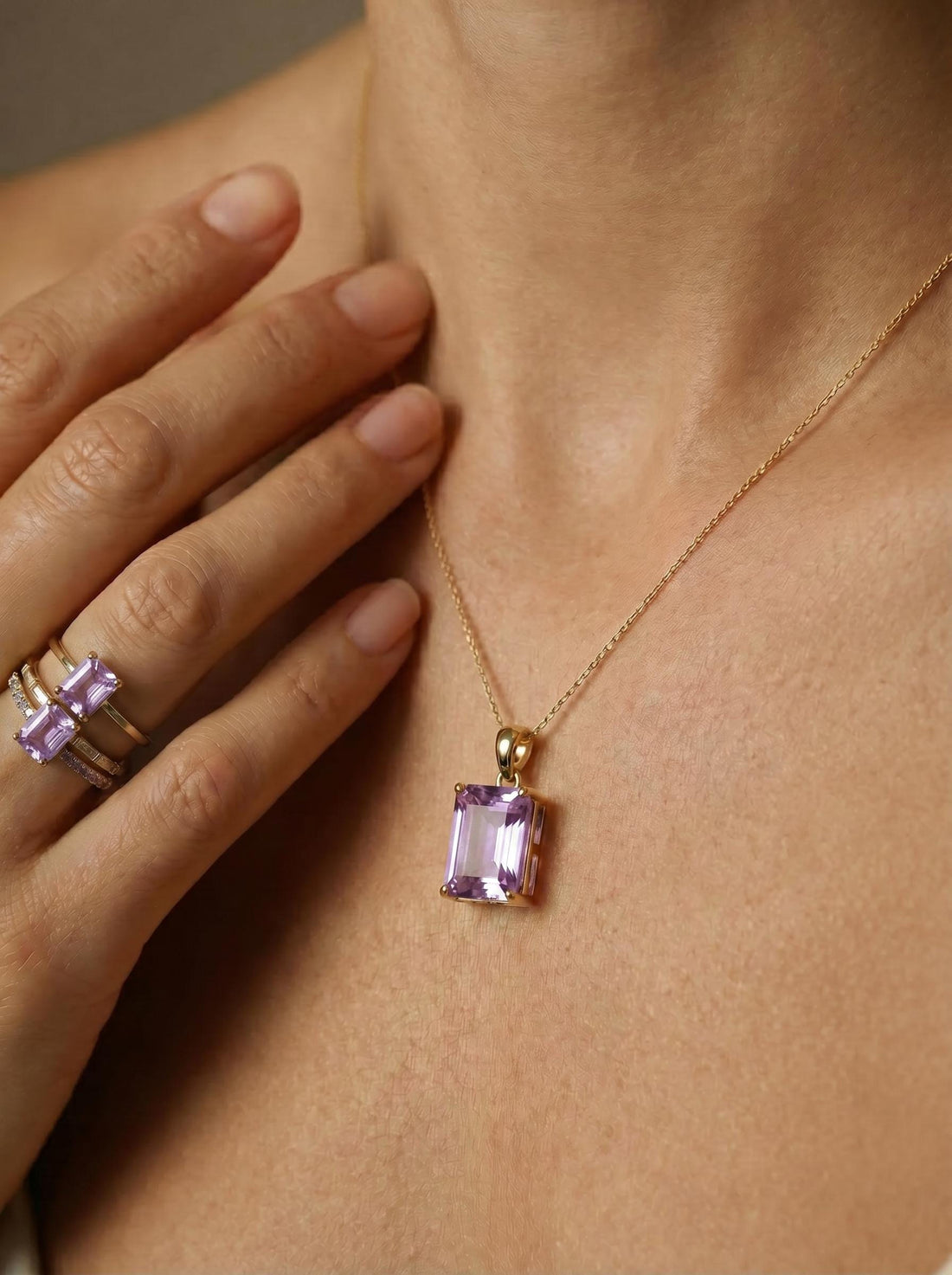 Elegant Amethyst Rectangle Pendant Necklace | Gold Plated Delicate Chain | February Birthstone Gift for Her | Minimalist Gemstone Jewelry