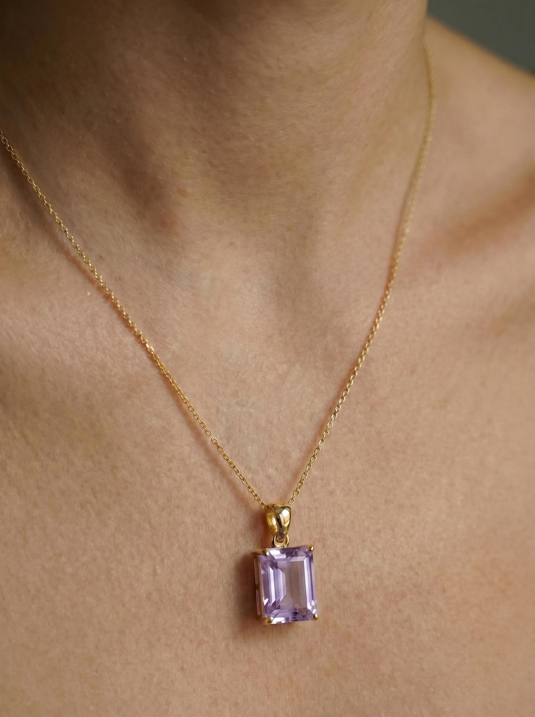 Elegant Amethyst Rectangle Pendant Necklace | Gold Plated Delicate Chain | February Birthstone Gift for Her | Minimalist Gemstone Jewelry