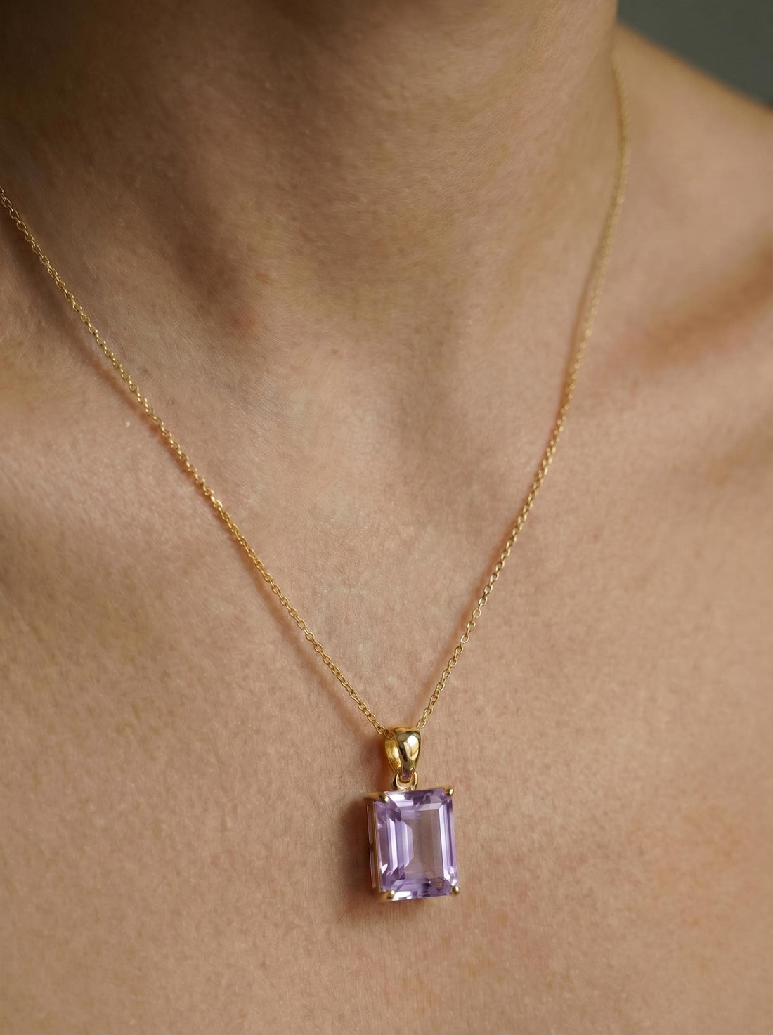 Elegant Amethyst Rectangle Pendant Necklace | Gold Plated Delicate Chain | February Birthstone Gift for Her | Minimalist Gemstone Jewelry