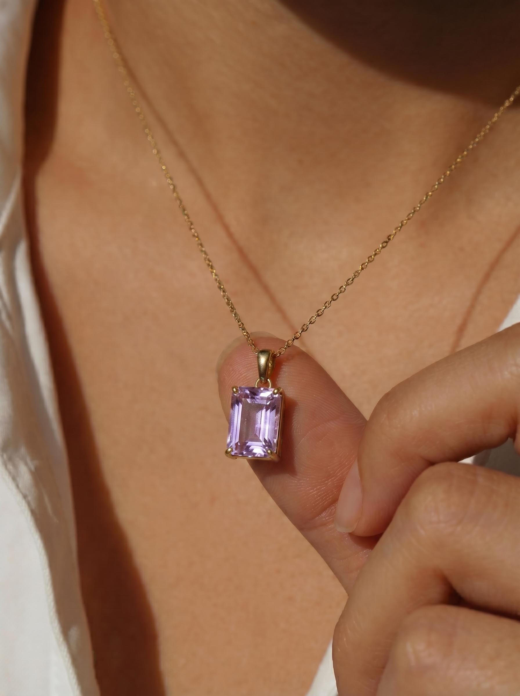 Elegant Amethyst Rectangle Pendant Necklace | Gold Plated Delicate Chain | February Birthstone Gift for Her | Minimalist Gemstone Jewelry