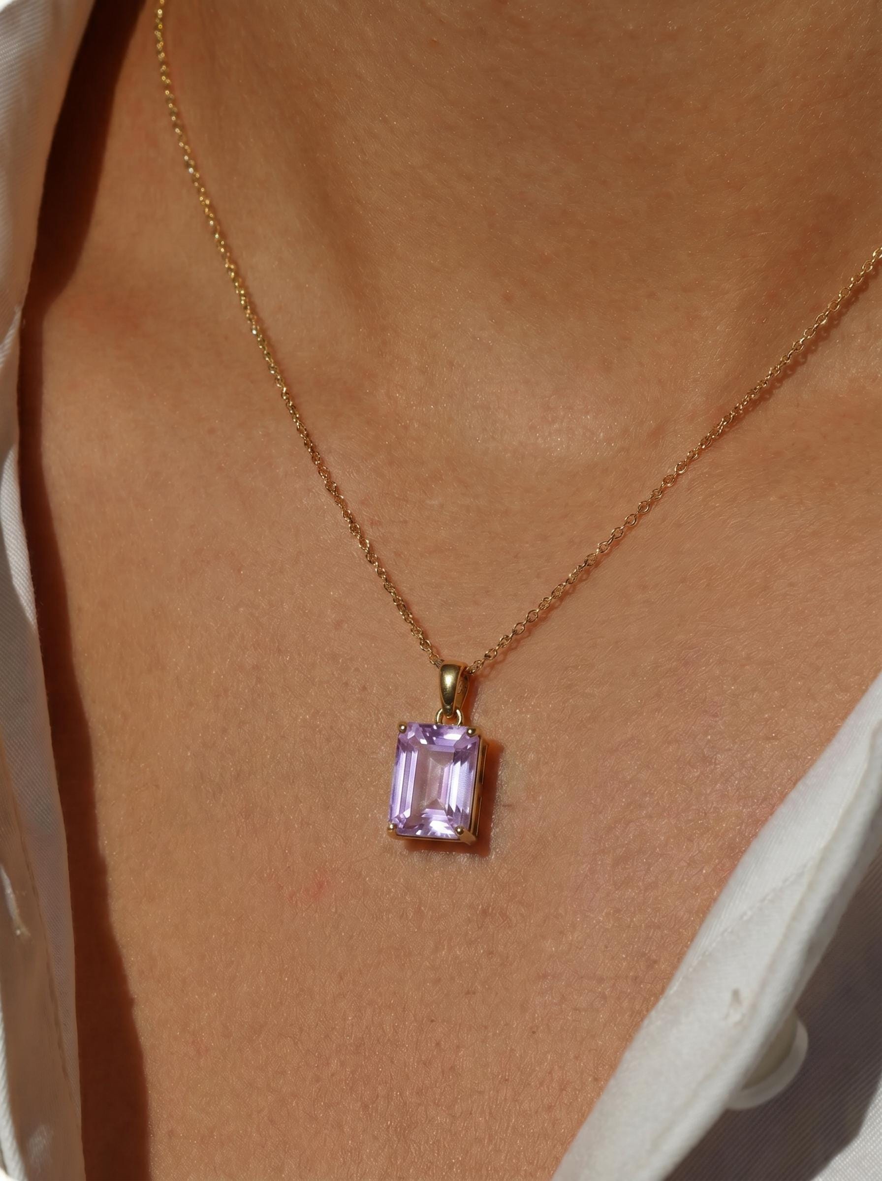 Elegant Amethyst Rectangle Pendant Necklace | Gold Plated Delicate Chain | February Birthstone Gift for Her | Minimalist Gemstone Jewelry