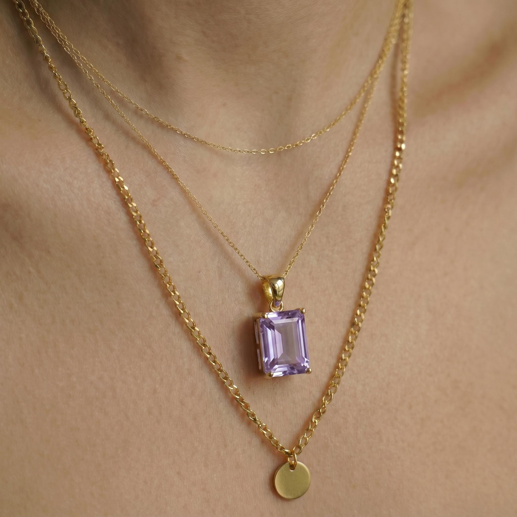 Elegant Amethyst Rectangle Pendant Necklace | Gold Plated Delicate Chain | February Birthstone Gift for Her | Minimalist Gemstone Jewelry