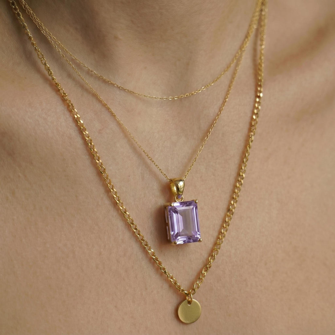 Elegant Amethyst Rectangle Pendant Necklace | Gold Plated Delicate Chain | February Birthstone Gift for Her | Minimalist Gemstone Jewelry