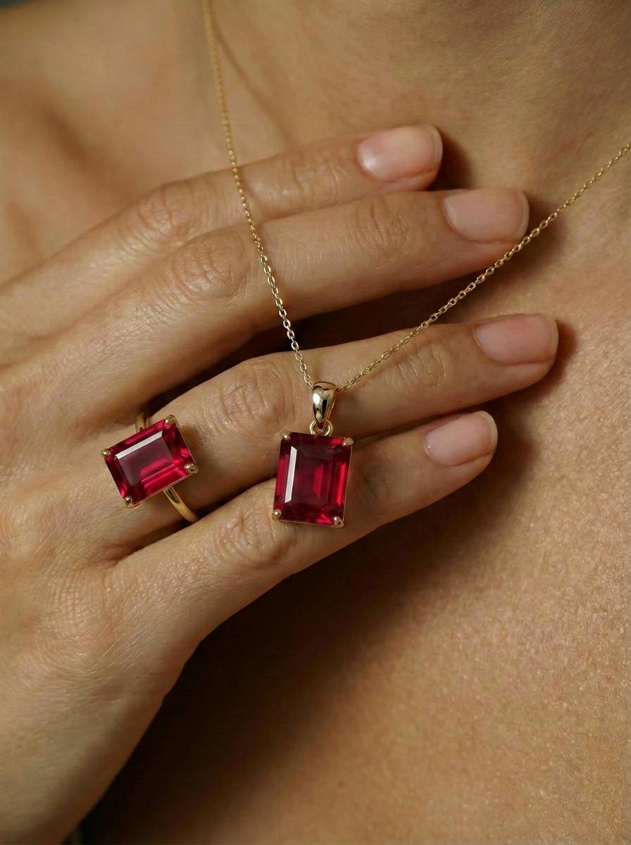 Emerald Cut Ruby Red Gemstone Necklace | Dainty 14K Solid Gold Pendant | Elegant Vintage Style Gift for Her | Anniversary Jewelry