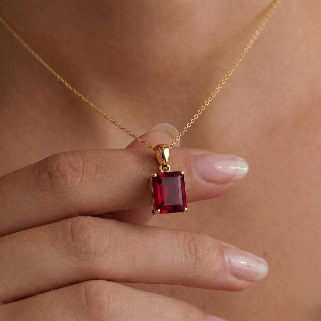 Emerald Cut Ruby Red Gemstone Necklace | Dainty 14K Solid Gold Pendant | Elegant Vintage Style Gift for Her | Anniversary Jewelry