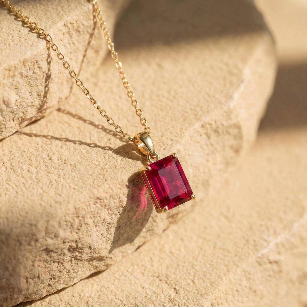 Emerald Cut Ruby Red Gemstone Necklace | Dainty 14K Solid Gold Pendant | Elegant Vintage Style Gift for Her | Anniversary Jewelry