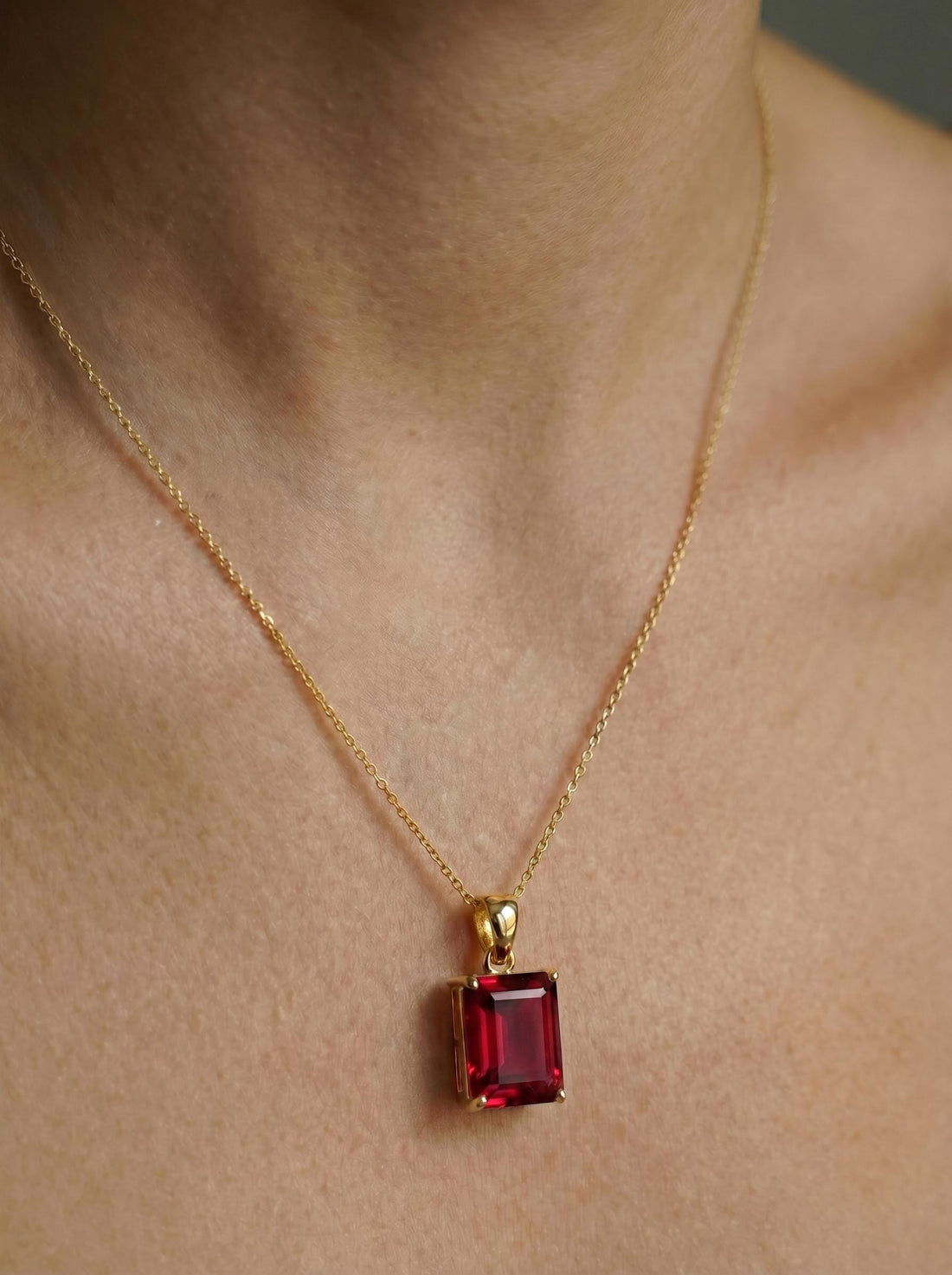 Emerald Cut Ruby Red Gemstone Necklace | Dainty 14K Solid Gold Pendant | Elegant Vintage Style Gift for Her | Anniversary Jewelry