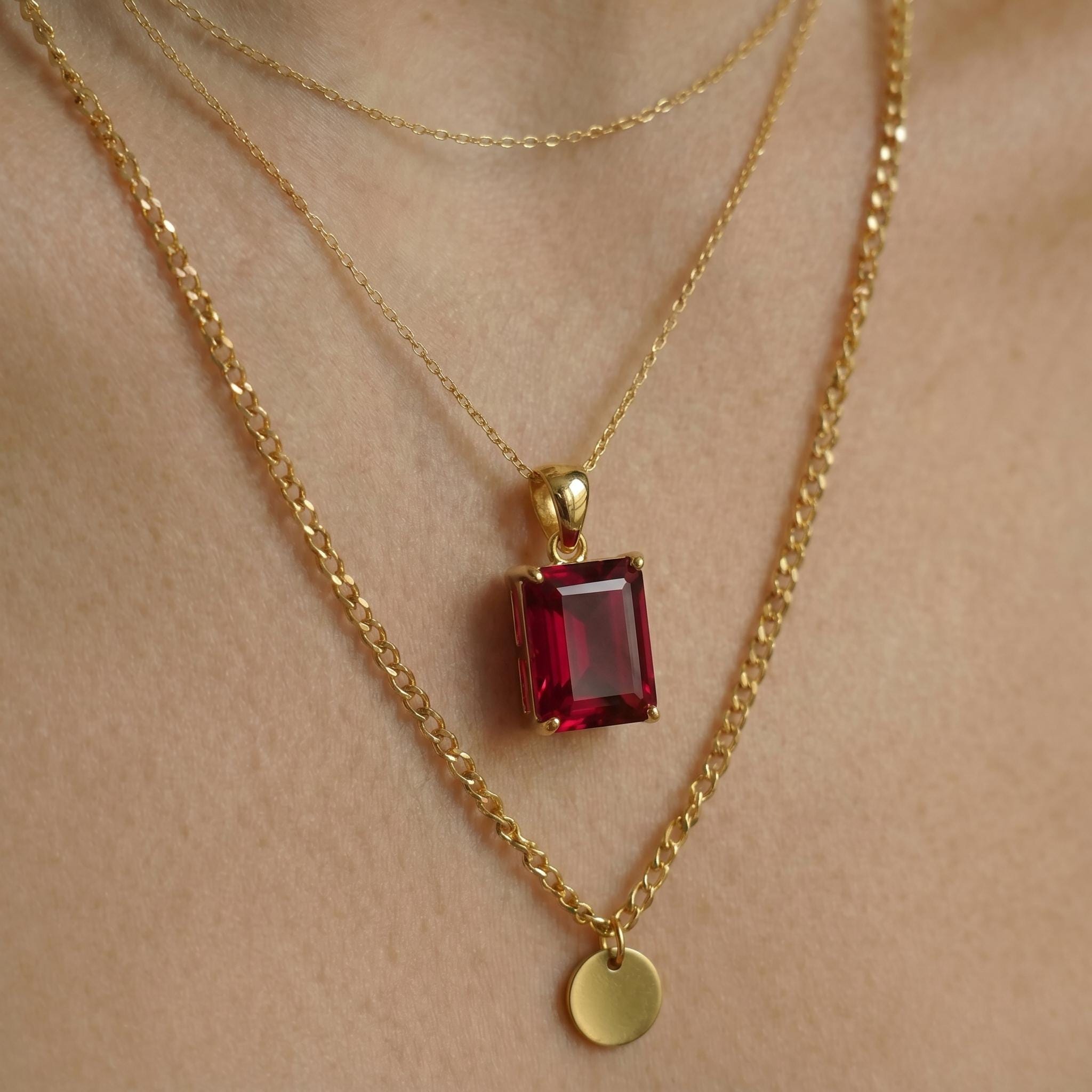 Emerald Cut Ruby Red Gemstone Necklace | Dainty 14K Solid Gold Pendant | Elegant Vintage Style Gift for Her | Anniversary Jewelry