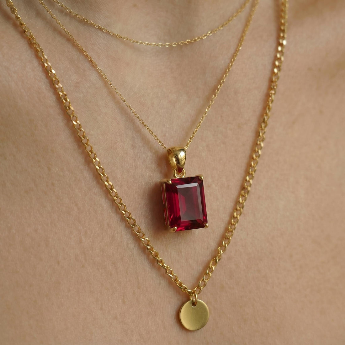 Emerald Cut Ruby Red Gemstone Necklace | Dainty 14K Solid Gold Pendant | Elegant Vintage Style Gift for Her | Anniversary Jewelry