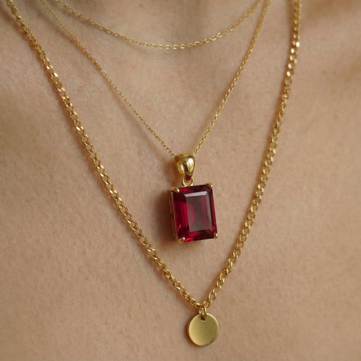 Emerald Cut Ruby Red Gemstone Necklace | Dainty 14K Solid Gold Pendant | Elegant Vintage Style Gift for Her | Anniversary Jewelry
