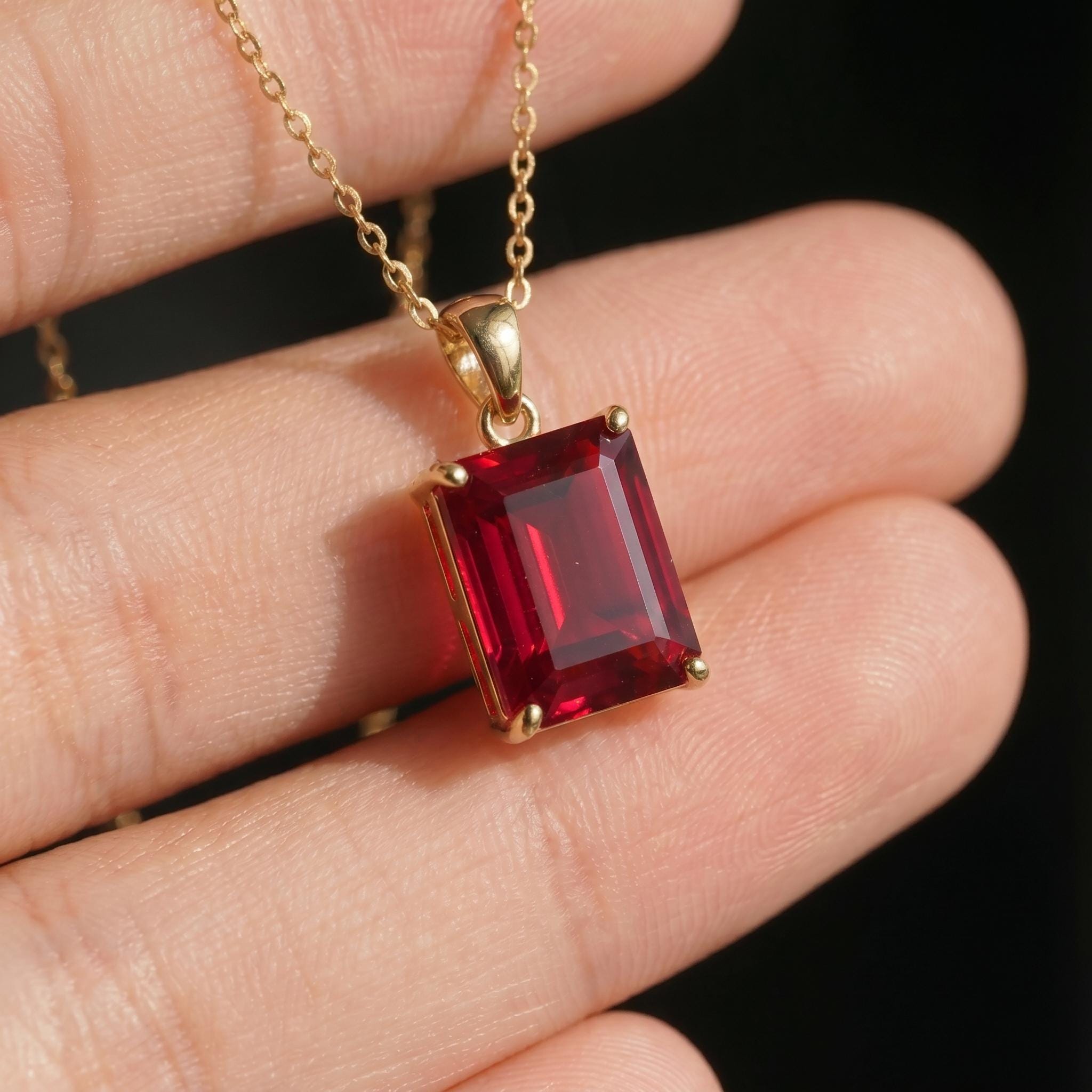 Emerald Cut Ruby Red Gemstone Necklace | Dainty 14K Solid Gold Pendant | Elegant Vintage Style Gift for Her | Anniversary Jewelry