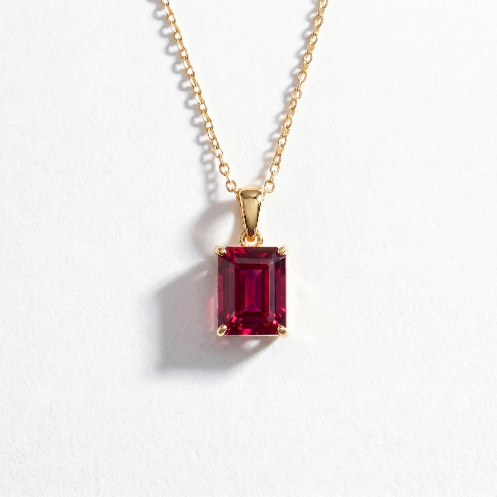 Emerald Cut Ruby Red Gemstone Necklace | Dainty 14K Solid Gold Pendant | Elegant Vintage Style Gift for Her | Anniversary Jewelry