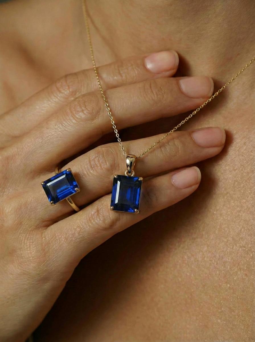 Elegant Emerald Cut Blue Gemstone Gold Necklace | Dainty Sapphire Blue Pendant | Classic Gold Chain Jewelry Gift for Her