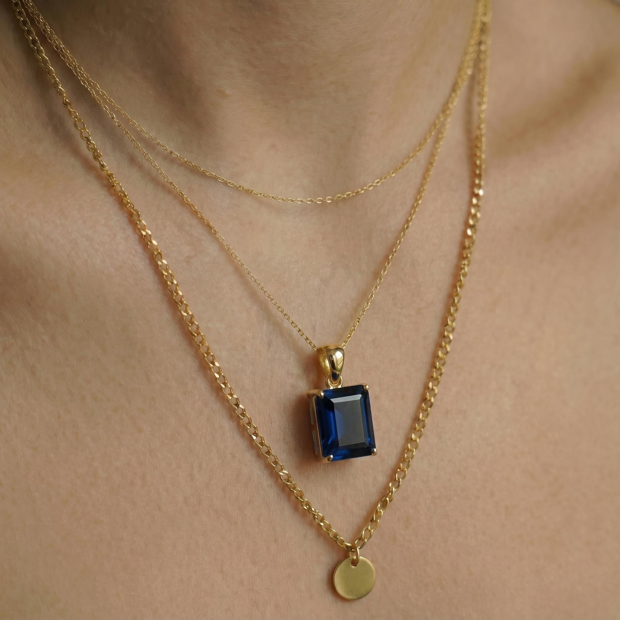 Elegant Emerald Cut Blue Gemstone Gold Necklace | Dainty Sapphire Blue Pendant | Classic Gold Chain Jewelry Gift for Her