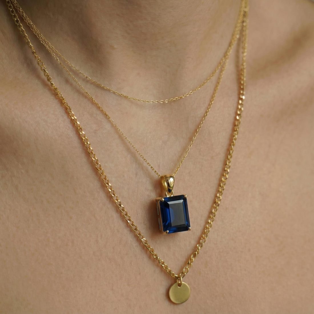 Elegant Emerald Cut Blue Gemstone Gold Necklace | Dainty Sapphire Blue Pendant | Classic Gold Chain Jewelry Gift for Her