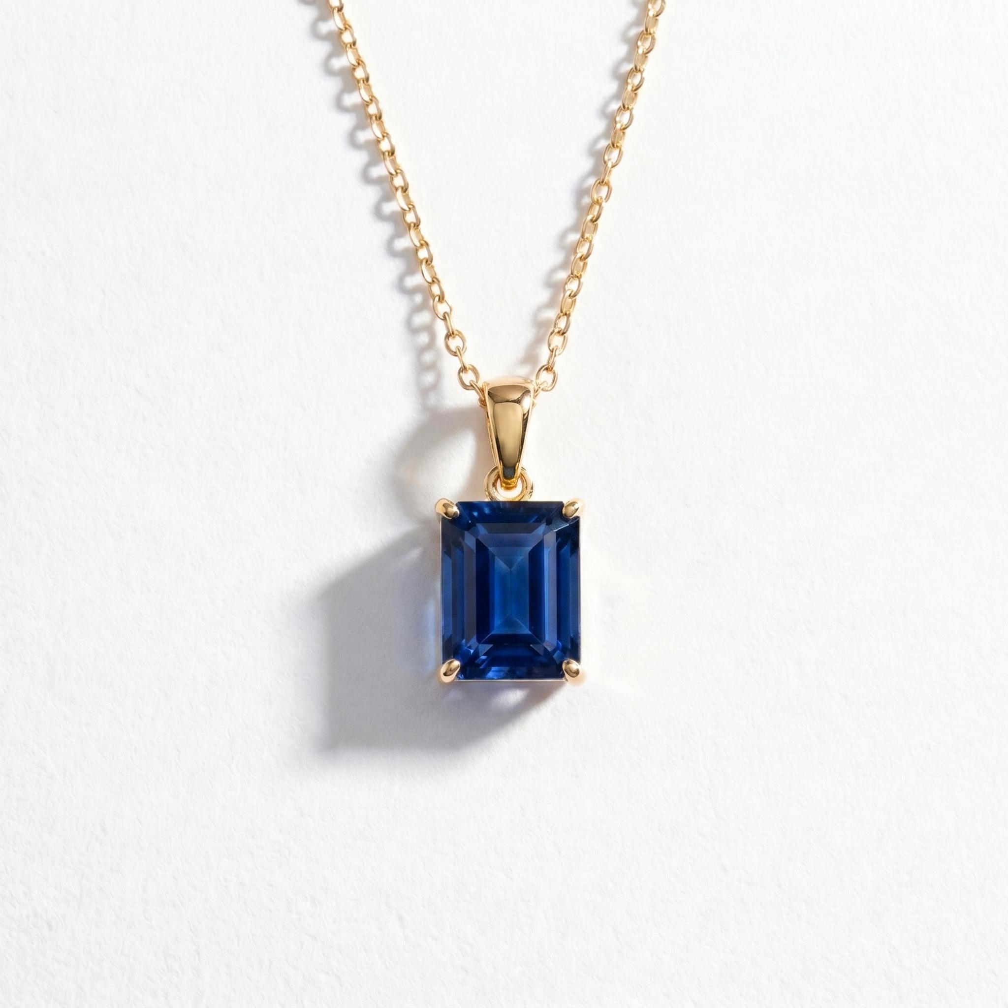 Elegant Emerald Cut Blue Gemstone Gold Necklace | Dainty Sapphire Blue Pendant | Classic Gold Chain Jewelry Gift for Her