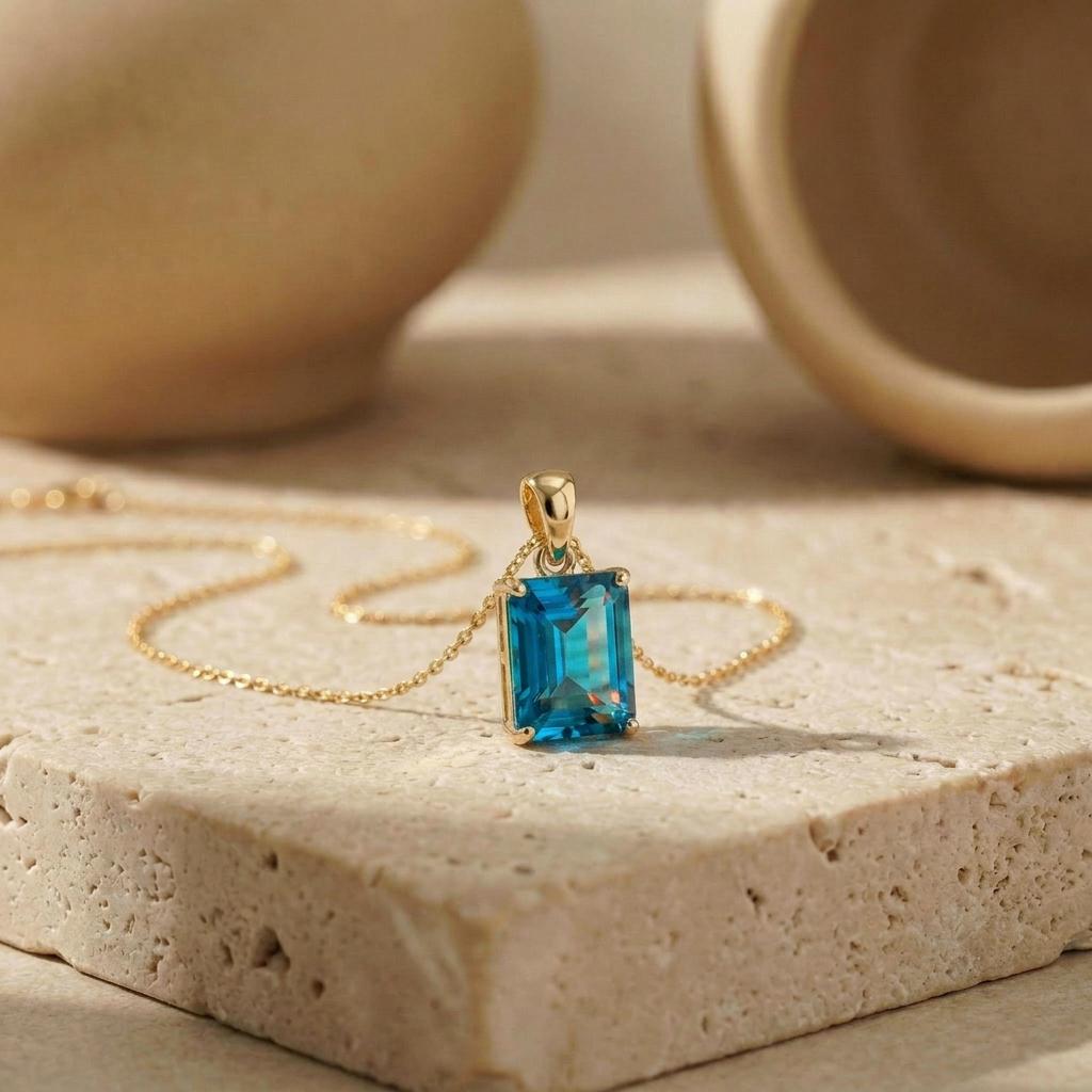 Emerald Cut Blue Zircon Necklace | Dainty 14K Gold Filled Pendant | December Birthstone Jewelry Gift for Her