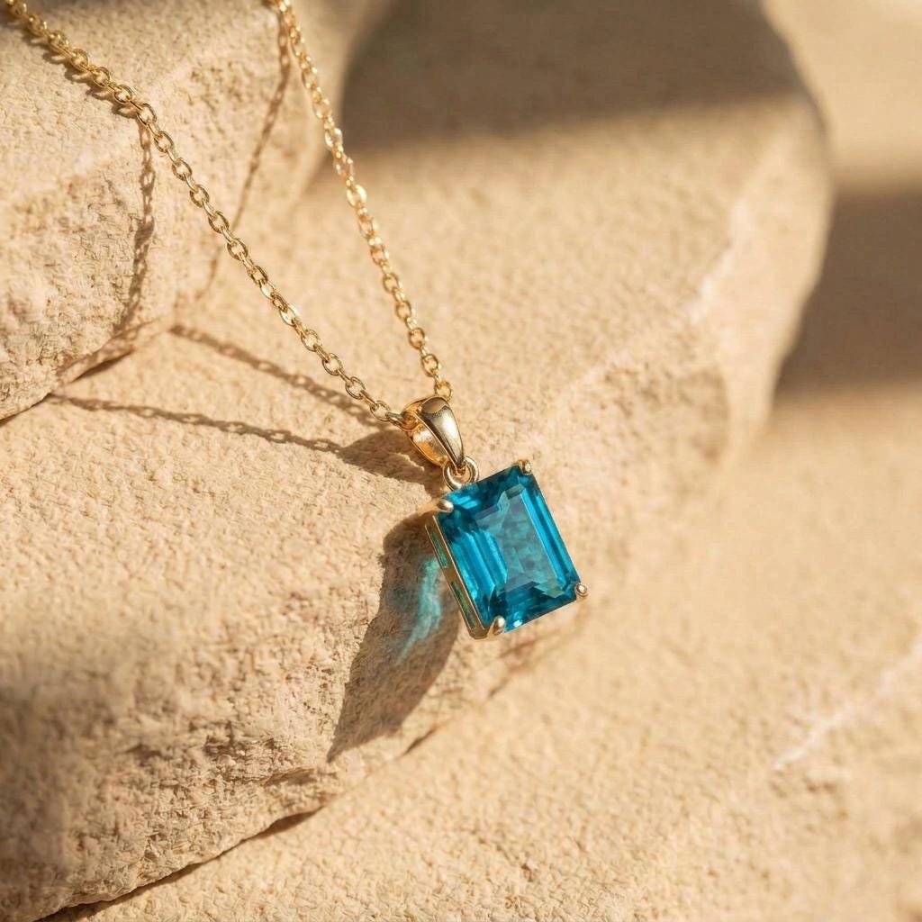 Emerald Cut Blue Zircon Necklace | Dainty 14K Gold Filled Pendant | December Birthstone Jewelry Gift for Her