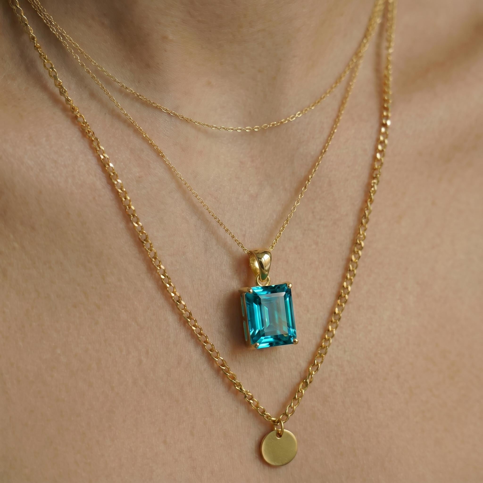 Emerald Cut Blue Zircon Necklace | Dainty 14K Gold Filled Pendant | December Birthstone Jewelry Gift for Her