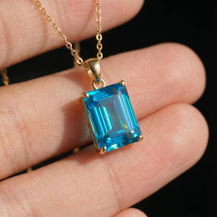 Emerald Cut Blue Zircon Necklace | Dainty 14K Gold Filled Pendant | December Birthstone Jewelry Gift for Her