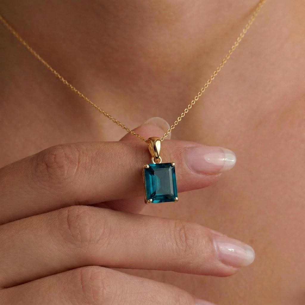 Dainty London Blue Topaz Necklace, Emerald Cut Gold Pendant, December Birthstone Jewelry, Minimalist Gemstone Gift for Her