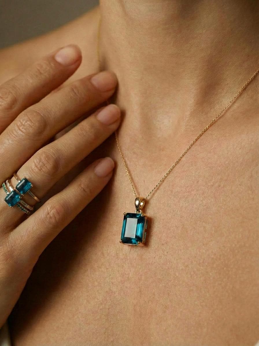 Dainty London Blue Topaz Necklace, Emerald Cut Gold Pendant, December Birthstone Jewelry, Minimalist Gemstone Gift for Her
