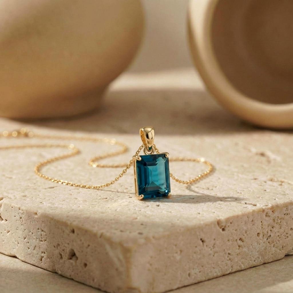Dainty London Blue Topaz Necklace, Emerald Cut Gold Pendant, December Birthstone Jewelry, Minimalist Gemstone Gift for Her