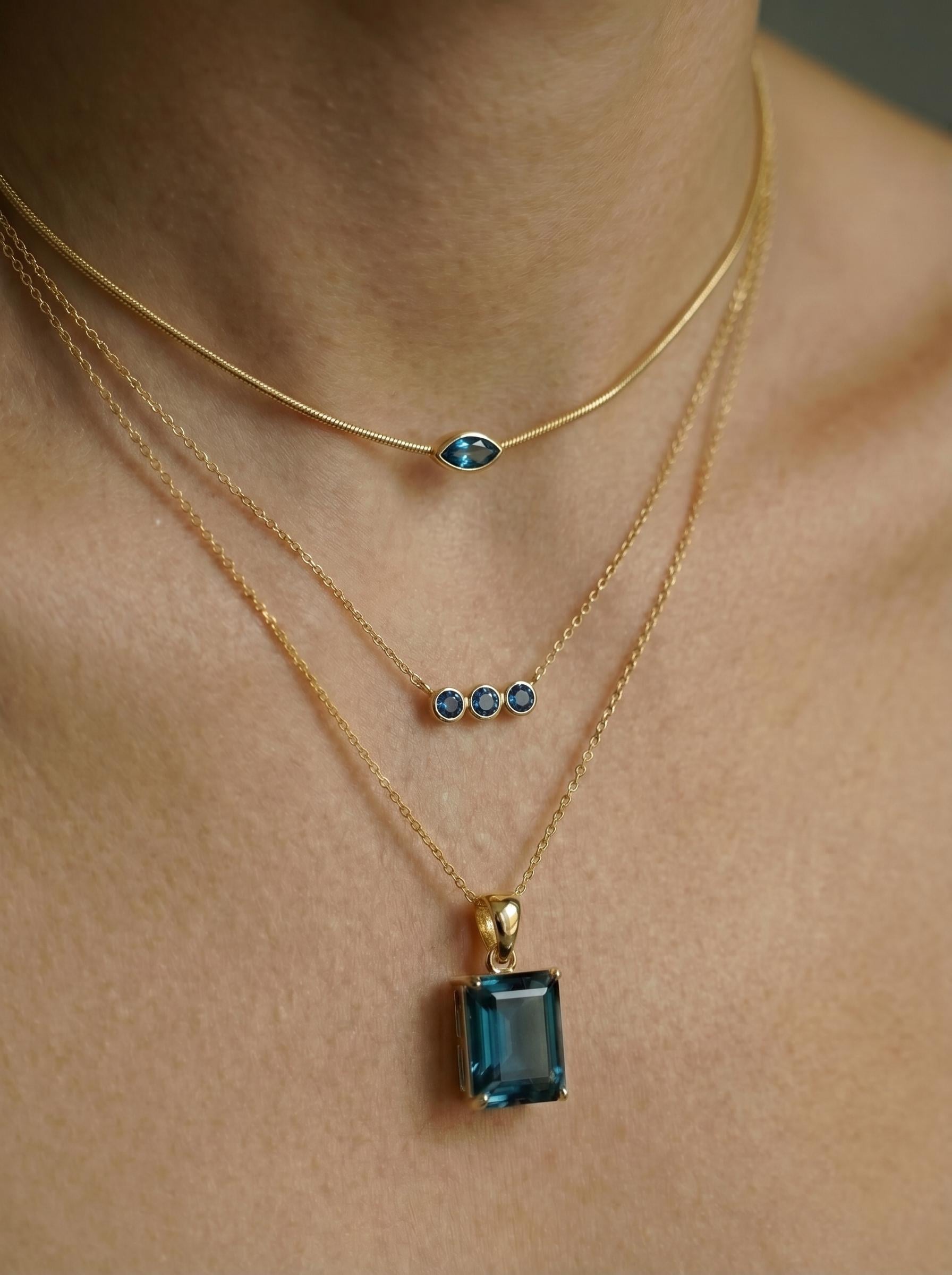 Dainty London Blue Topaz Necklace, Emerald Cut Gold Pendant, December Birthstone Jewelry, Minimalist Gemstone Gift for Her