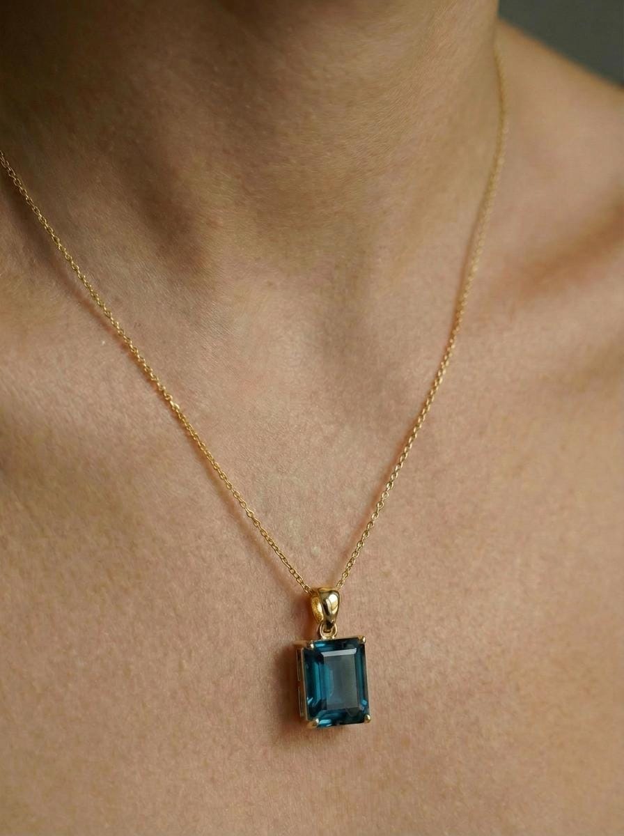 Dainty London Blue Topaz Necklace, Emerald Cut Gold Pendant, December Birthstone Jewelry, Minimalist Gemstone Gift for Her