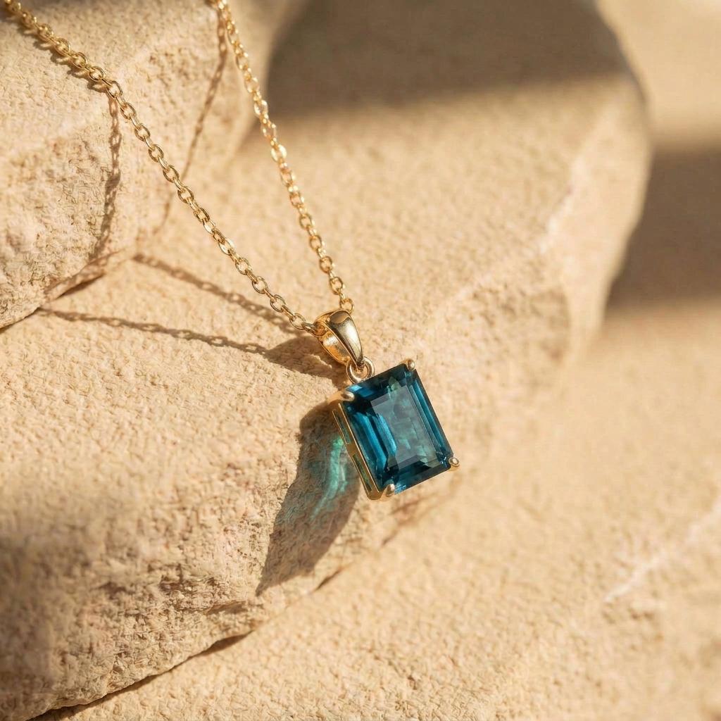 Dainty London Blue Topaz Necklace, Emerald Cut Gold Pendant, December Birthstone Jewelry, Minimalist Gemstone Gift for Her
