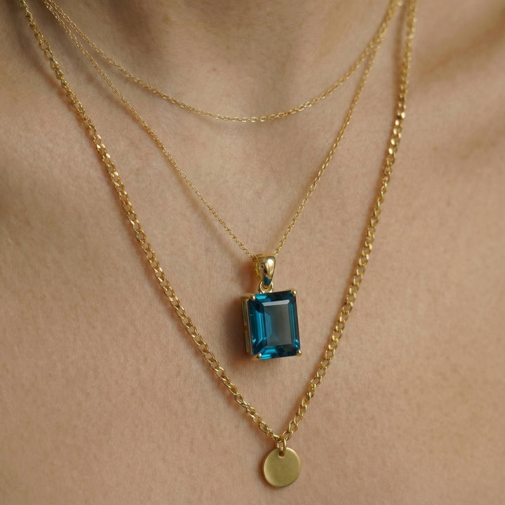 Dainty London Blue Topaz Necklace, Emerald Cut Gold Pendant, December Birthstone Jewelry, Minimalist Gemstone Gift for Her