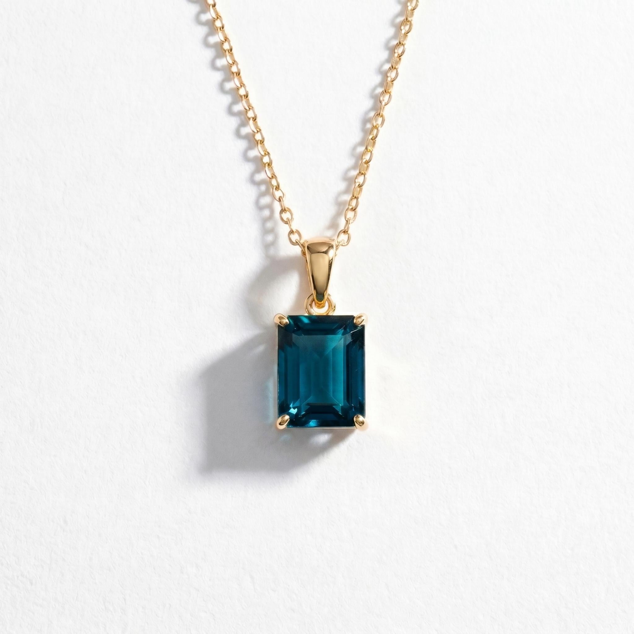 Dainty London Blue Topaz Necklace, Emerald Cut Gold Pendant, December Birthstone Jewelry, Minimalist Gemstone Gift for Her