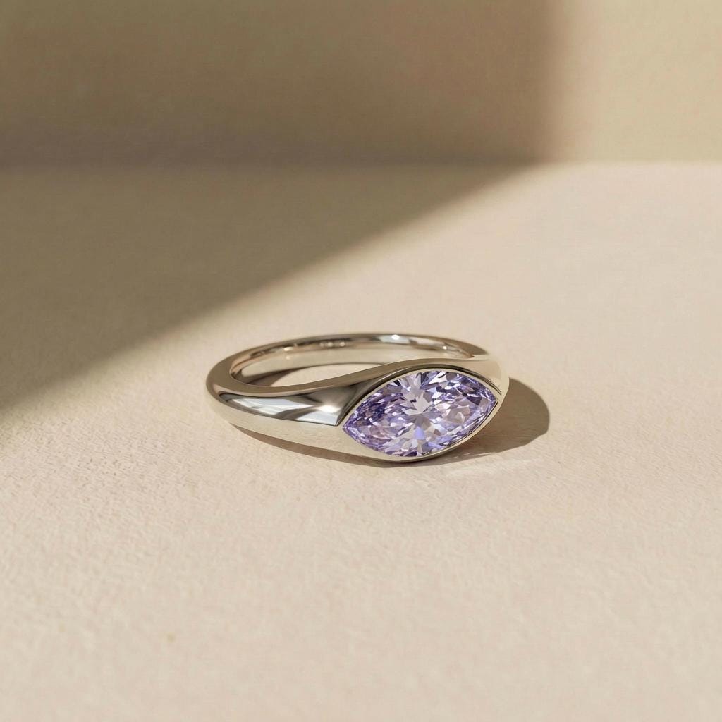1.5ct Marquise Bezel Alexandrite Ring, 14K Solid Gold Signet Engagement Ring, Minimalist Pinky Promise Gift, June Birthstone Ring
