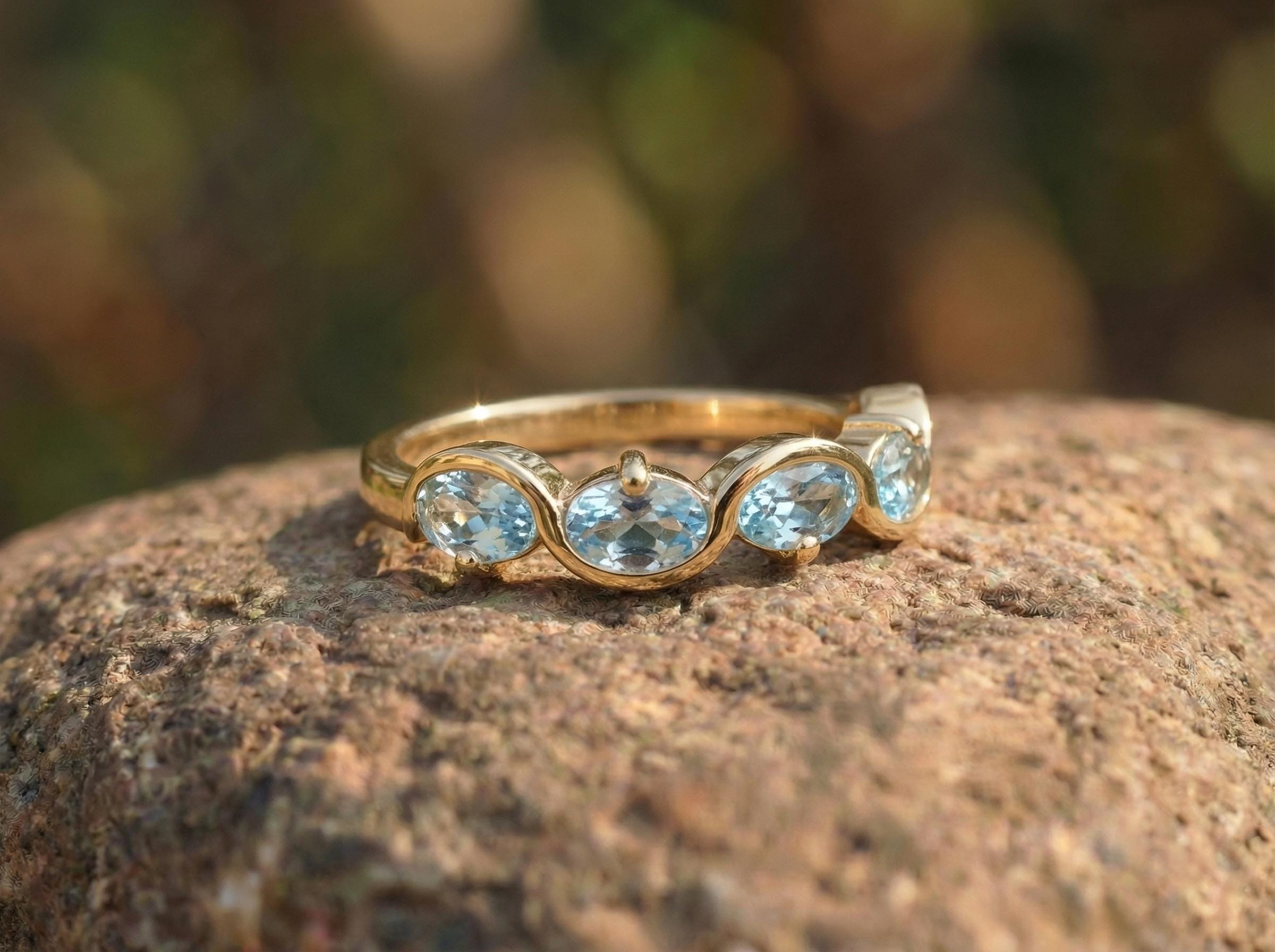 Graduation Gift Aquamarine Ring 5 Stone Oval Band Light Blue March Birthstone Jewelry Half Eternity Ring Custom Metal Choice