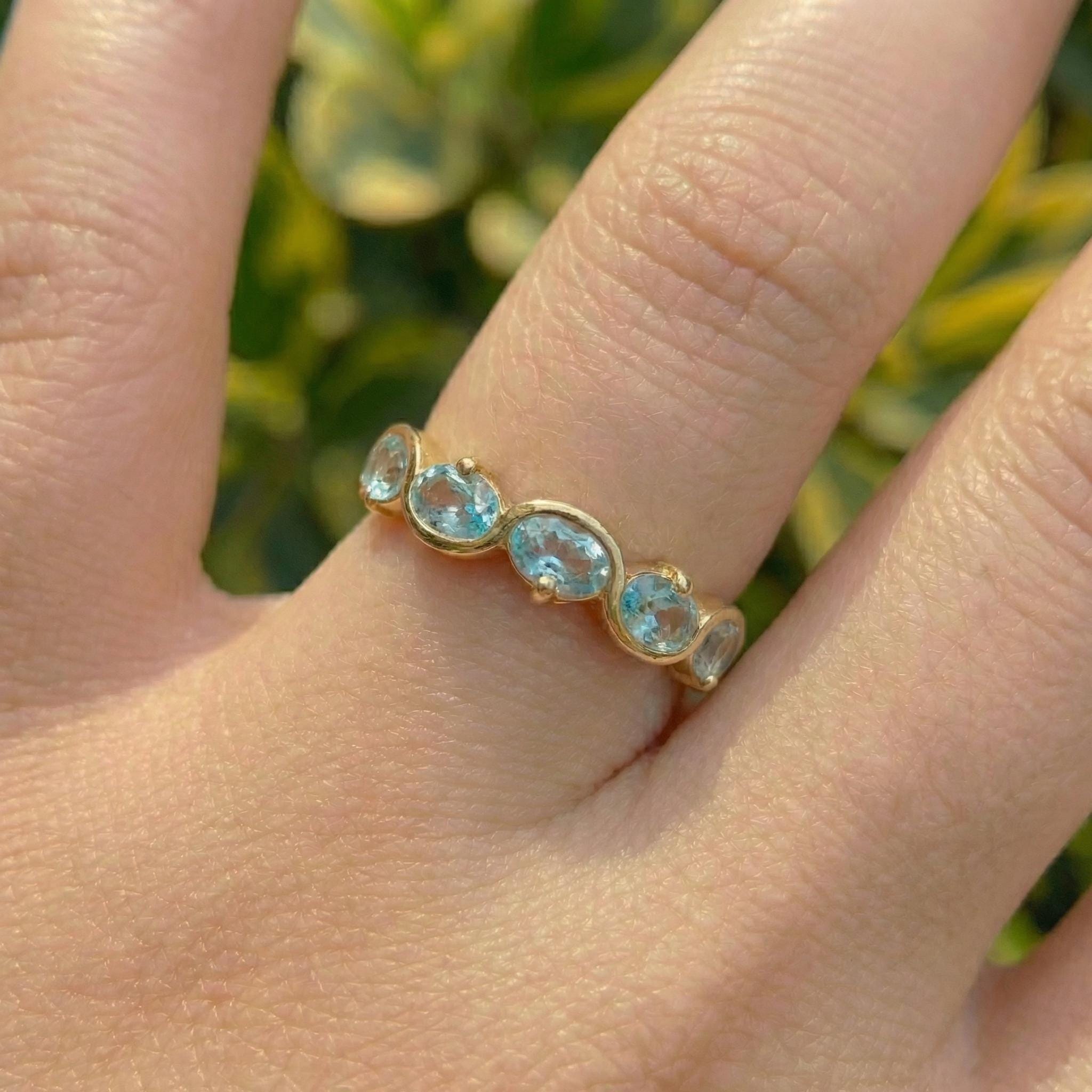 Graduation Gift Aquamarine Ring 5 Stone Oval Band Light Blue March Birthstone Jewelry Half Eternity Ring Custom Metal Choice
