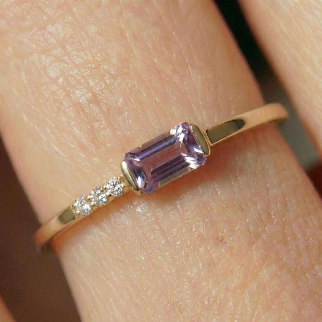 Dainty Baguette Alexandrite Ring, Minimalist June Birthstone Ring, Gift for Mom
