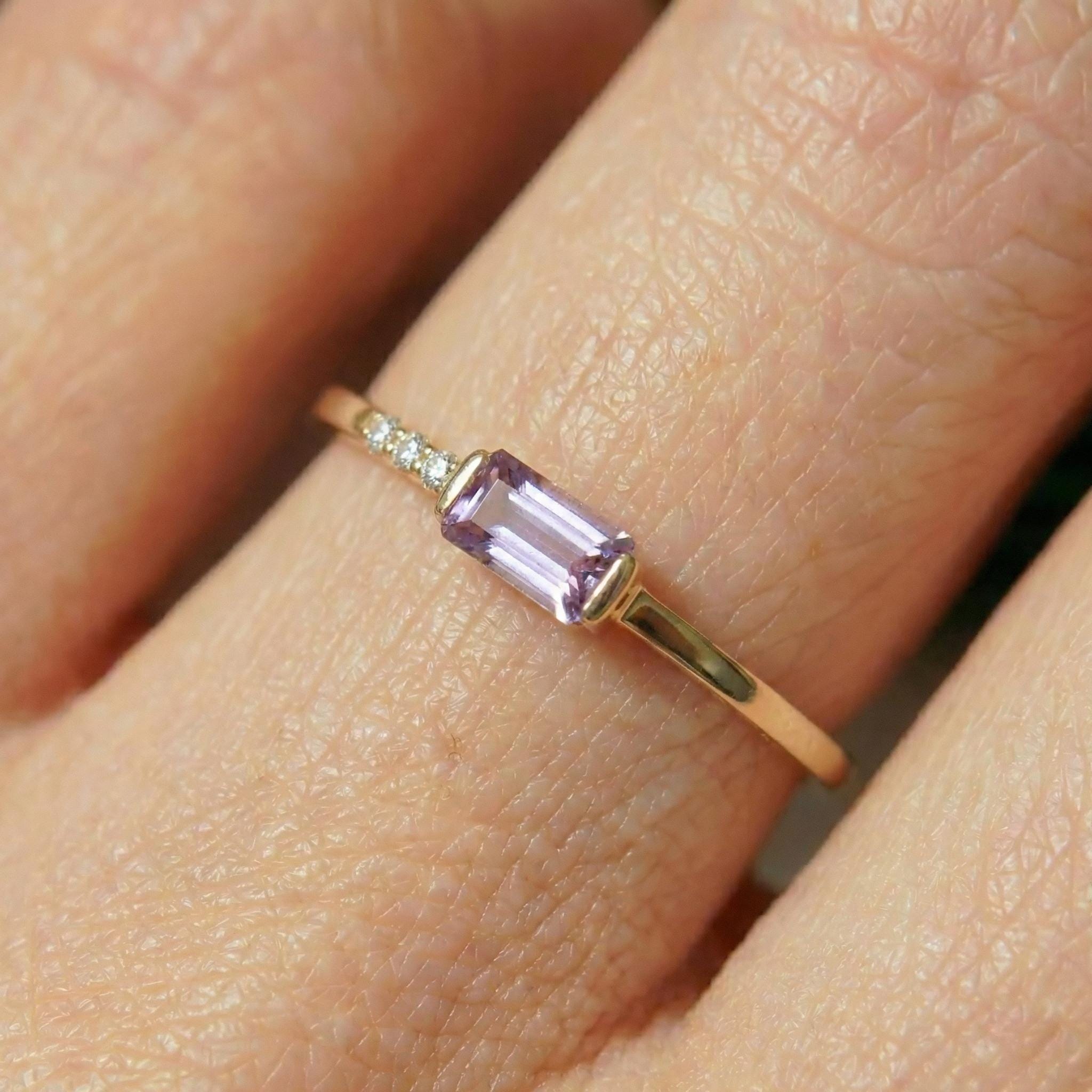 Dainty Baguette Alexandrite Ring, Minimalist June Birthstone Ring, Gift for Mom