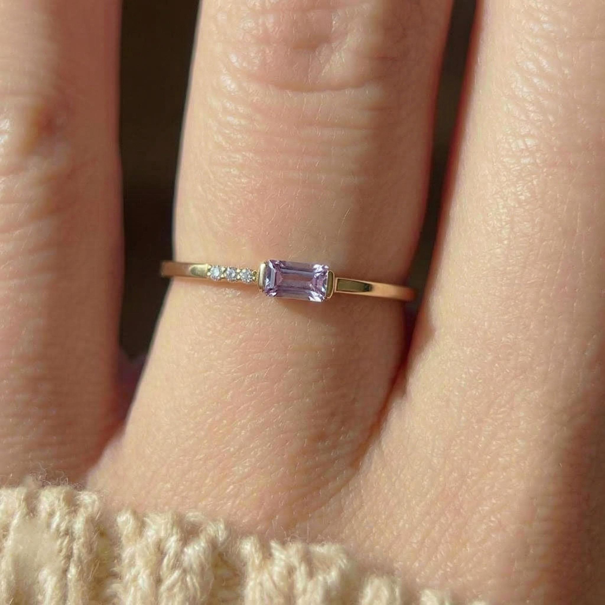 Dainty Baguette Alexandrite Ring, Minimalist June Birthstone Ring, Gift for Mom
