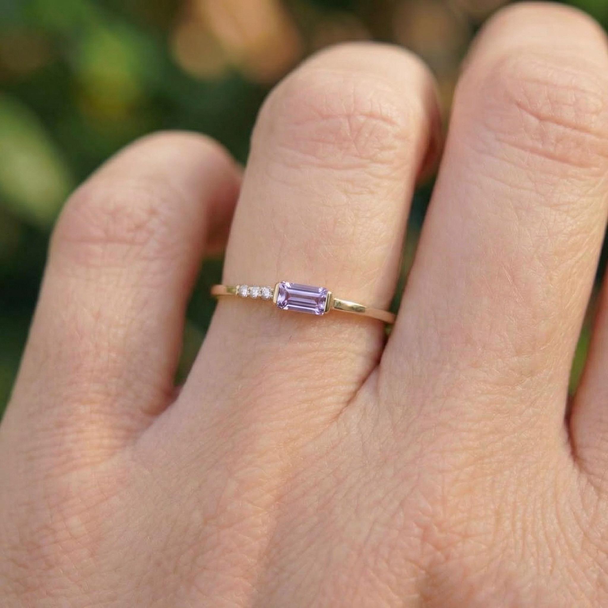 Dainty Baguette Alexandrite Ring, Minimalist June Birthstone Ring, Gift for Mom