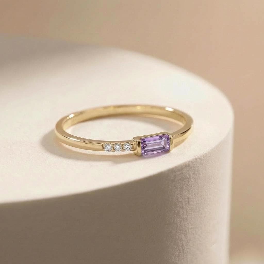 Dainty Baguette Alexandrite Ring, Minimalist June Birthstone Ring, Gift for Mom