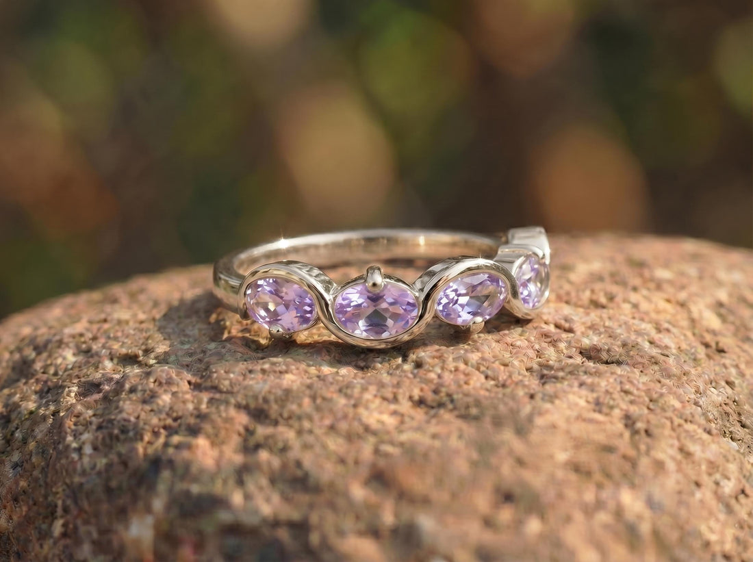 Alexandrite Ring 5 Stone Purple Gemstone Band Oval Cut Anniversary Jewelry Promise Ring for Her June Birthstone