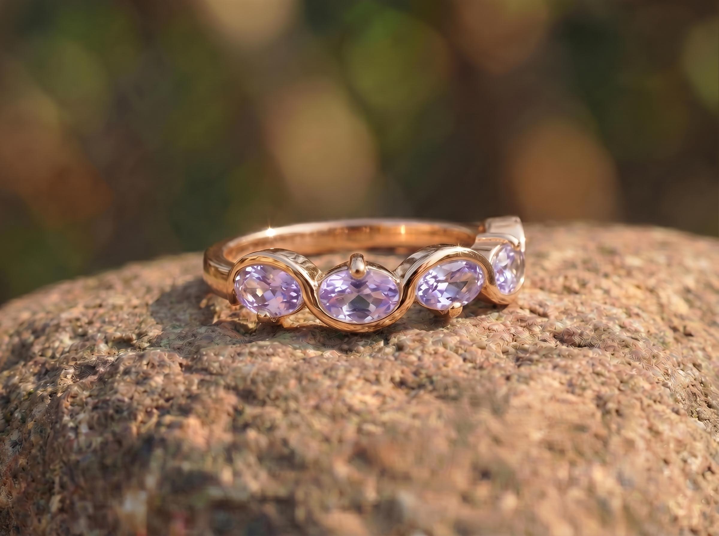 Alexandrite Ring 5 Stone Purple Gemstone Band Oval Cut Anniversary Jewelry Promise Ring for Her June Birthstone