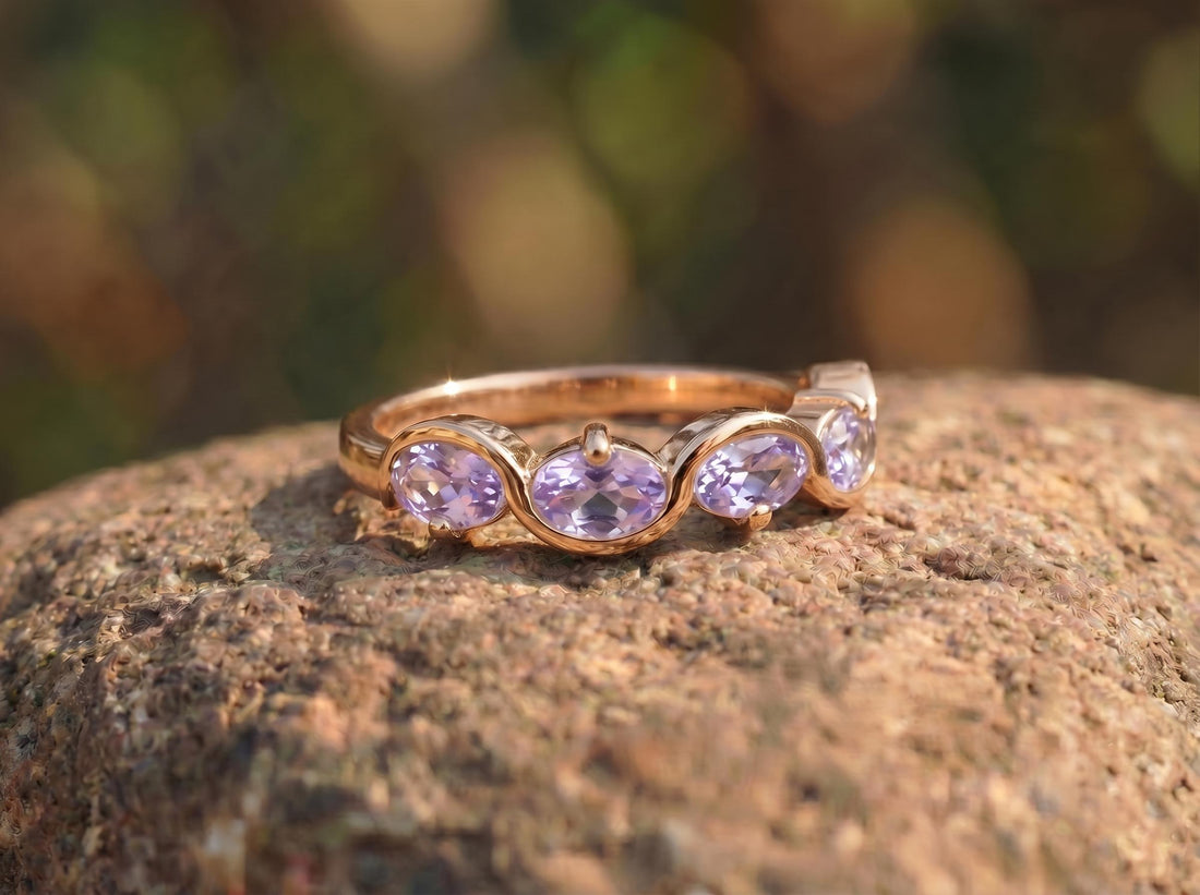 Alexandrite Ring 5 Stone Purple Gemstone Band Oval Cut Anniversary Jewelry Promise Ring for Her June Birthstone