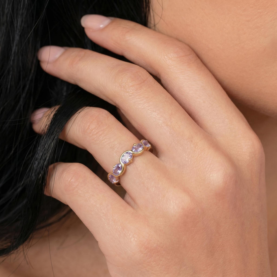 Alexandrite Ring 5 Stone Purple Gemstone Band Oval Cut Anniversary Jewelry Promise Ring for Her June Birthstone
