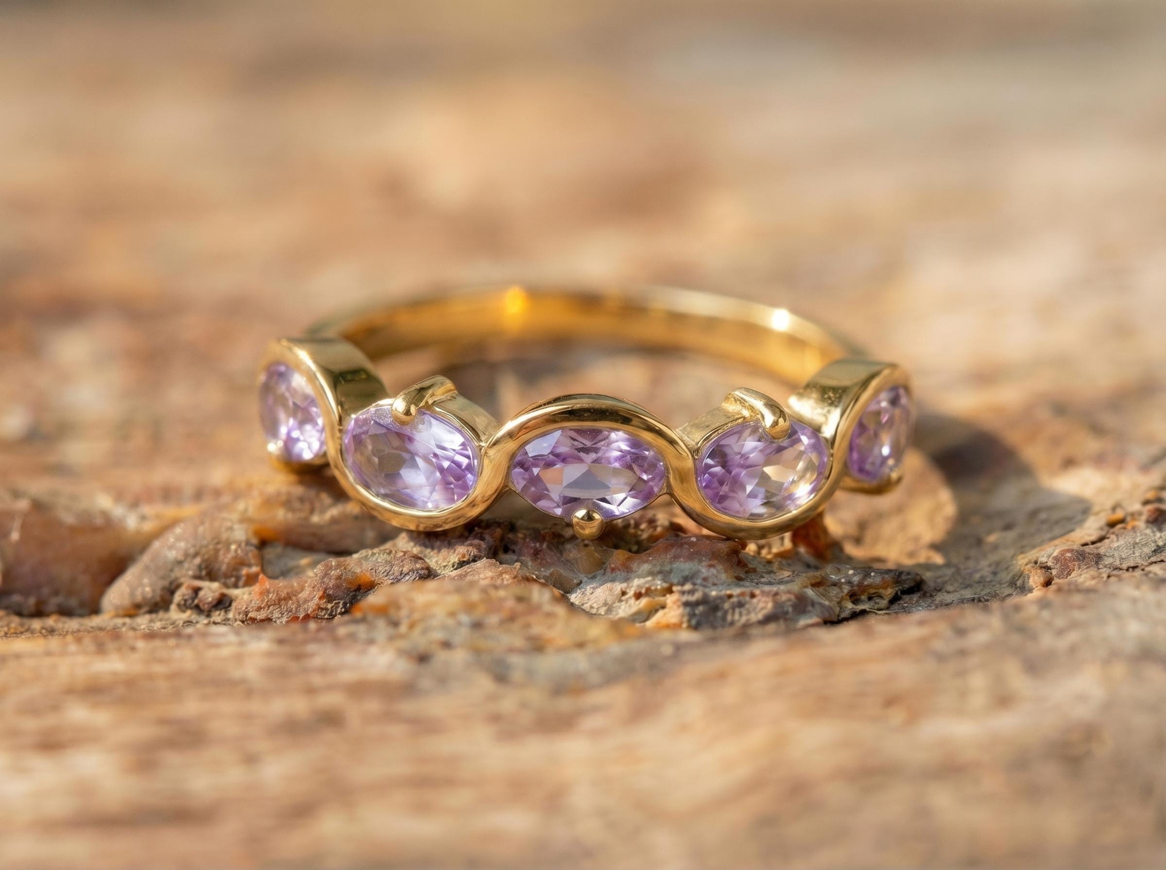 Alexandrite Ring 5 Stone Purple Gemstone Band Oval Cut Anniversary Jewelry Promise Ring for Her June Birthstone