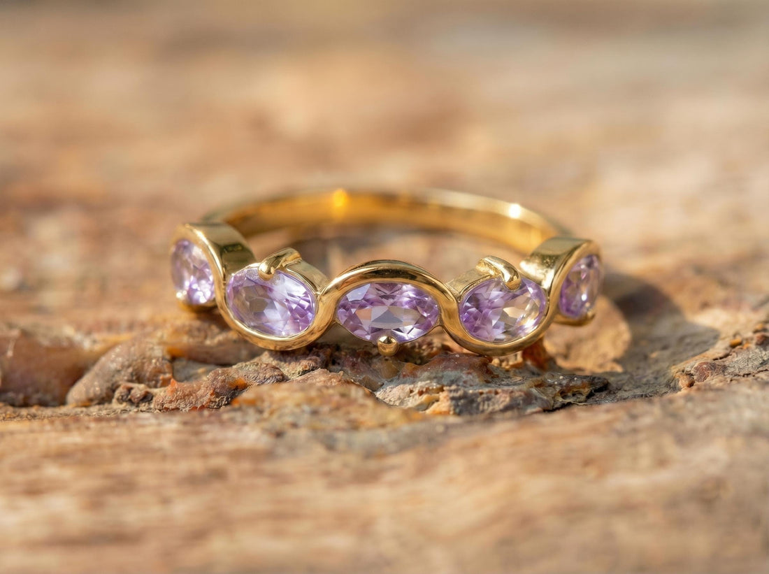 Alexandrite Ring 5 Stone Purple Gemstone Band Oval Cut Anniversary Jewelry Promise Ring for Her June Birthstone