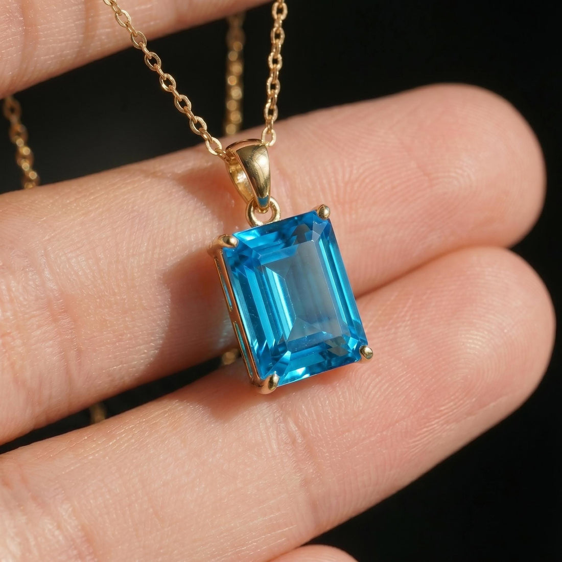 Blue Topaz Emerald Cut Pendant Necklace | 14K Gold Dainty Jewelry | December Birthstone Gift for Her