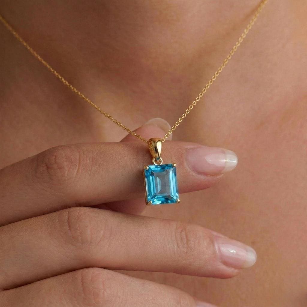 Blue Topaz Emerald Cut Pendant Necklace | 14K Gold Dainty Jewelry | December Birthstone Gift for Her